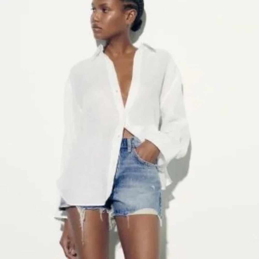 Zara Women’s White Long Sleeve Button Down Linen Shirt Size S